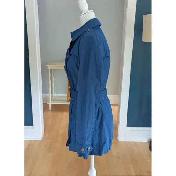 Burberry Brit Blue Women’s Sz 12 Double Breasted Short Trench Coat Lightweight - Picture 6 of 16